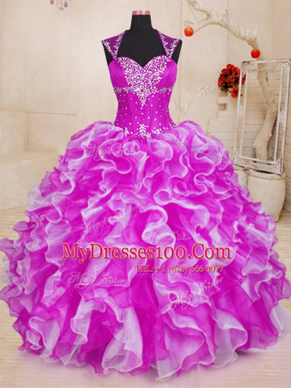 Fuchsia Organza Lace Up Sweetheart Sleeveless Floor Length Quince Ball Gowns Beading and Ruffles