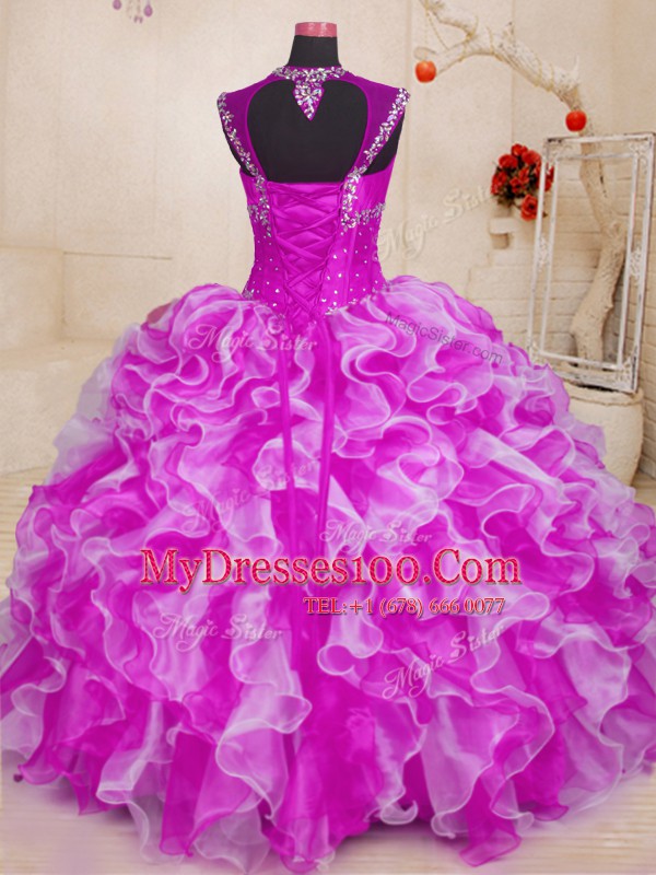 Fuchsia Organza Lace Up Sweetheart Sleeveless Floor Length Quince Ball Gowns Beading and Ruffles