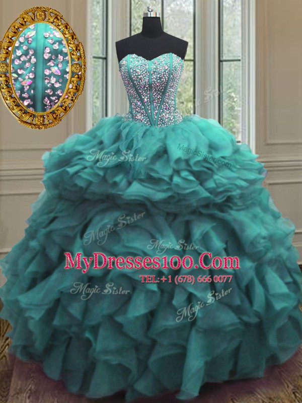 Floor Length Turquoise Quinceanera Dress Organza Sleeveless Beading and Ruffles