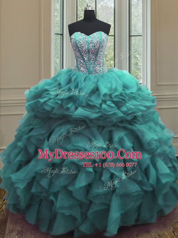 Floor Length Turquoise Quinceanera Dress Organza Sleeveless Beading and Ruffles