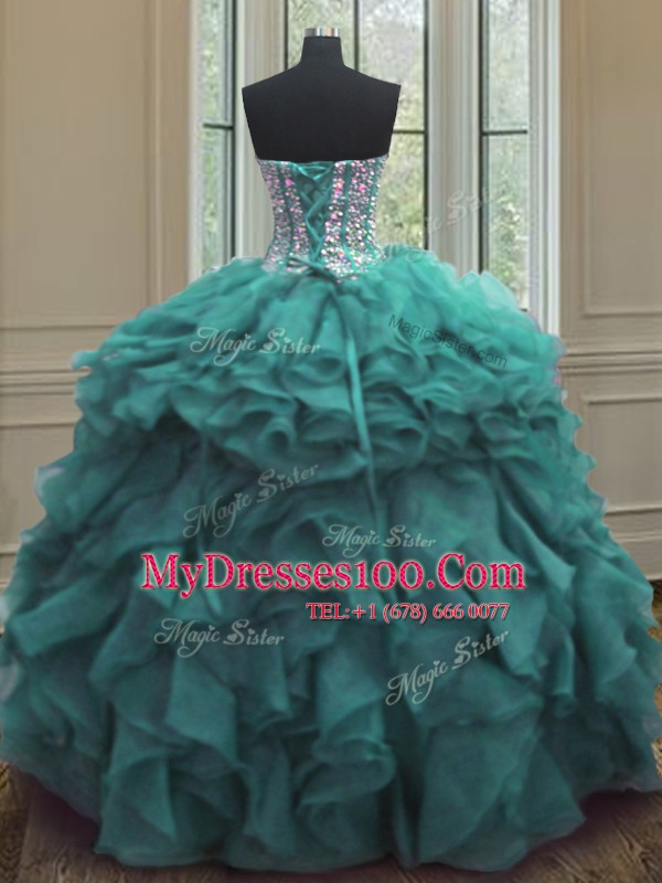 Floor Length Turquoise Quinceanera Dress Organza Sleeveless Beading and Ruffles