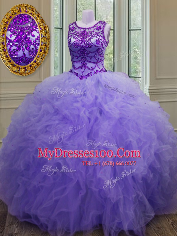 Clearance Lavender Lace Up Bateau Beading and Ruffles Quinceanera Dress Tulle Sleeveless