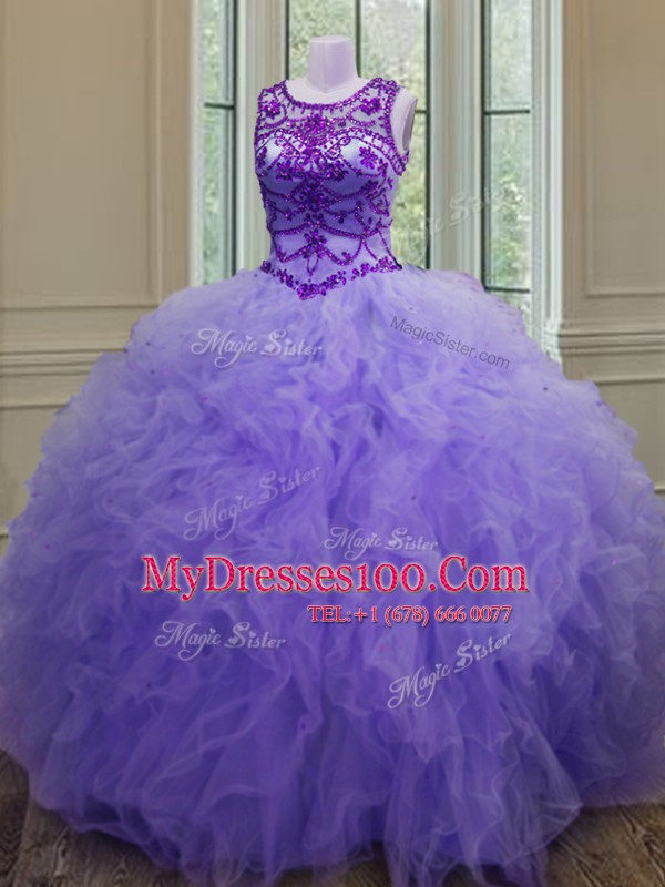 Clearance Lavender Lace Up Bateau Beading and Ruffles Quinceanera Dress Tulle Sleeveless