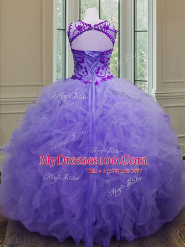 Clearance Lavender Lace Up Bateau Beading and Ruffles Quinceanera Dress Tulle Sleeveless
