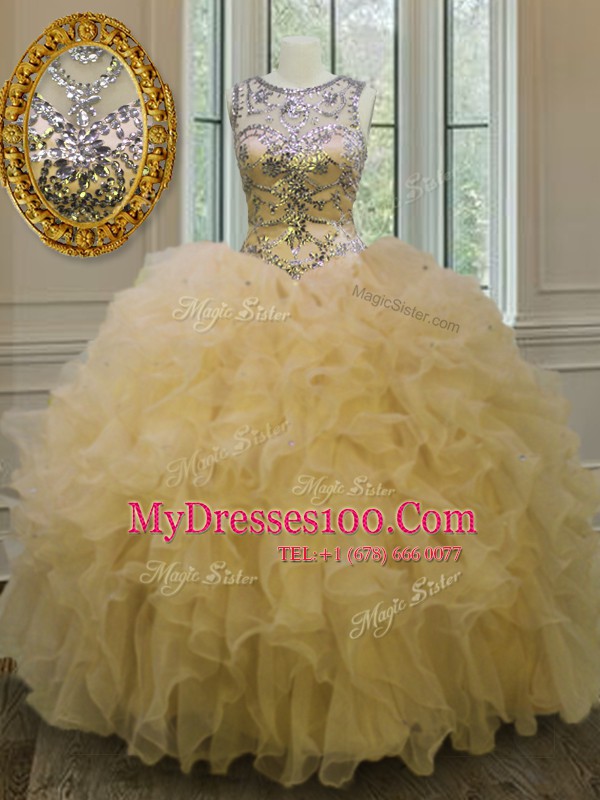 Wonderful Ball Gowns Quinceanera Gowns Light Yellow Scoop Organza Sleeveless Floor Length Lace Up