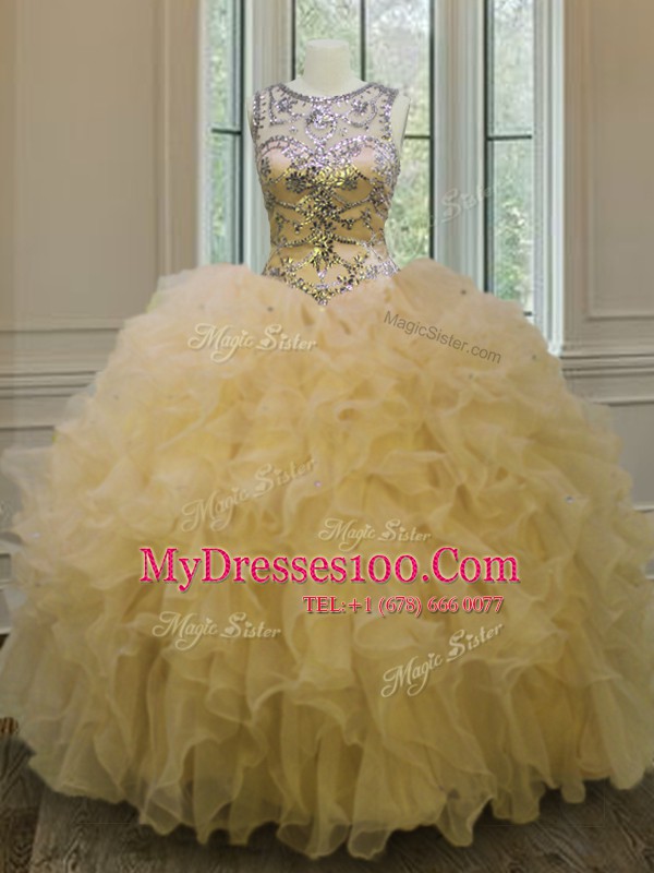 Wonderful Ball Gowns Quinceanera Gowns Light Yellow Scoop Organza Sleeveless Floor Length Lace Up