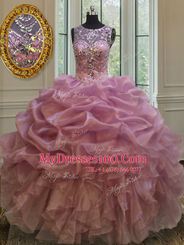 Deluxe Lilac Ball Gowns Scoop Sleeveless Organza Floor Length Lace Up Beading and Ruffles and Pick Ups Quinceanera Gowns