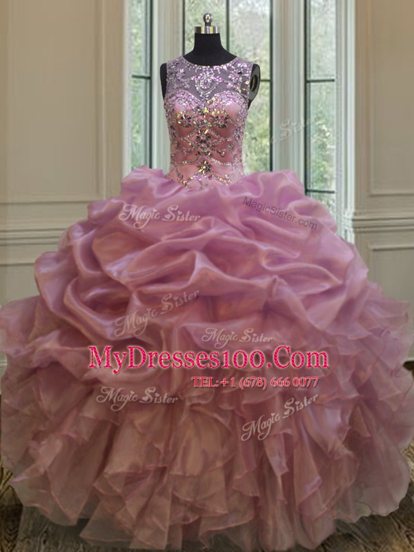 Deluxe Lilac Ball Gowns Scoop Sleeveless Organza Floor Length Lace Up Beading and Ruffles and Pick Ups Quinceanera Gowns