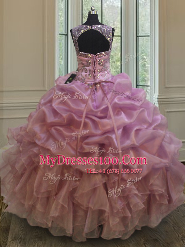 Deluxe Lilac Ball Gowns Scoop Sleeveless Organza Floor Length Lace Up Beading and Ruffles and Pick Ups Quinceanera Gowns