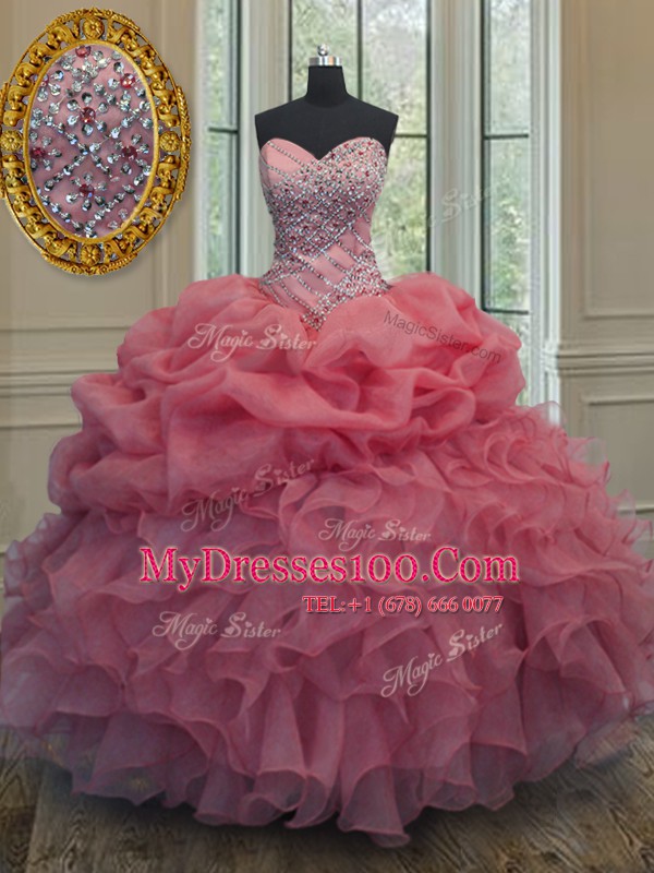 Pink Lace Up Sweetheart Beading and Ruffles and Pick Ups Ball Gown Prom Dress Organza Sleeveless