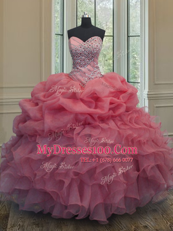 Pink Lace Up Sweetheart Beading and Ruffles and Pick Ups Ball Gown Prom Dress Organza Sleeveless