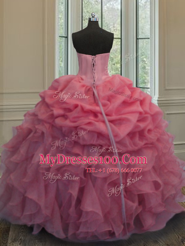 Pink Lace Up Sweetheart Beading and Ruffles and Pick Ups Ball Gown Prom Dress Organza Sleeveless