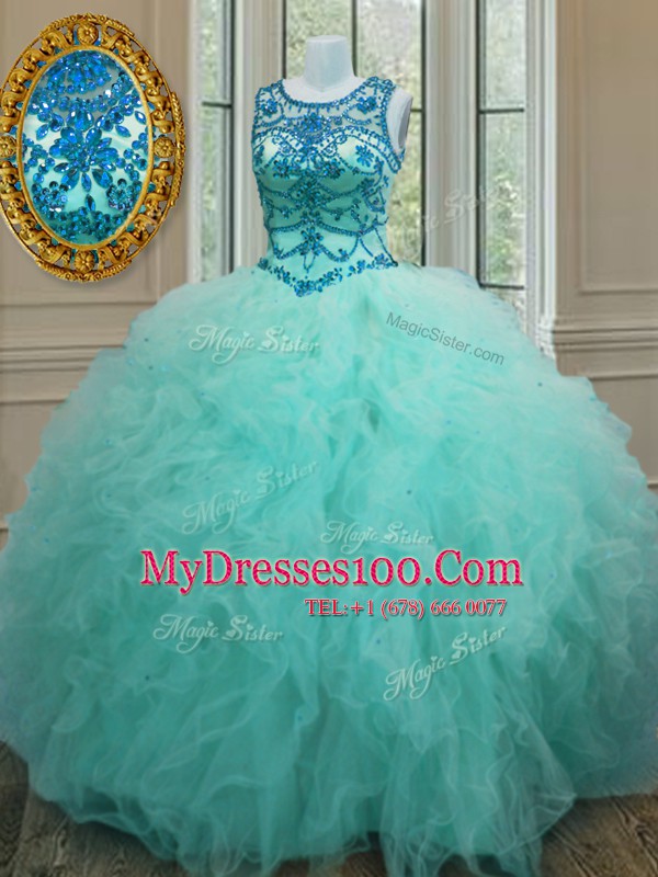 Attractive Tulle Scoop Sleeveless Lace Up Beading and Ruffles Quinceanera Dresses in Turquoise