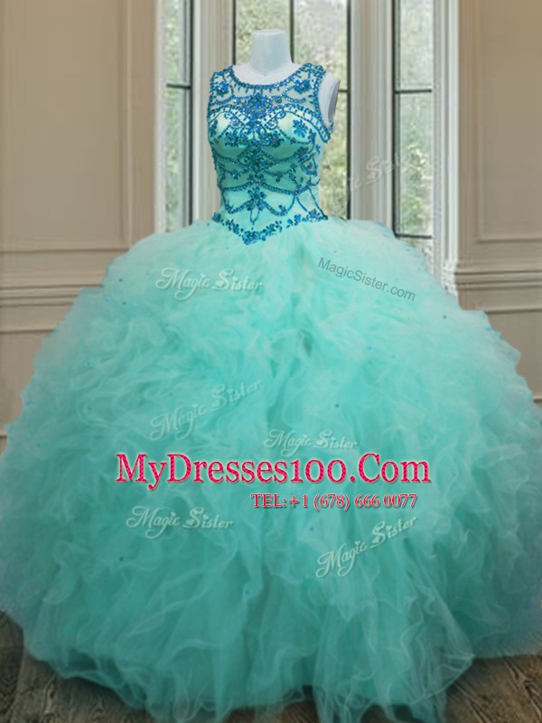 Attractive Tulle Scoop Sleeveless Lace Up Beading and Ruffles Quinceanera Dresses in Turquoise