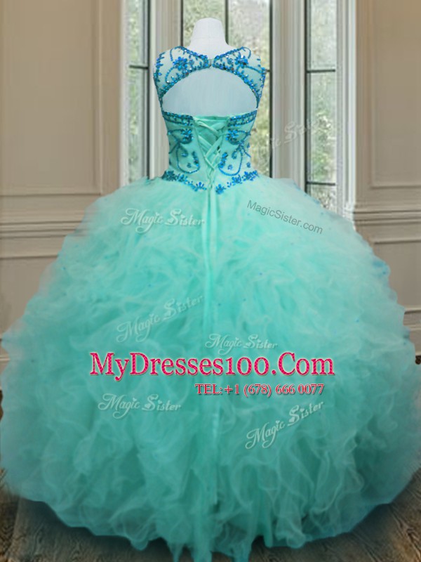 Attractive Tulle Scoop Sleeveless Lace Up Beading and Ruffles Quinceanera Dresses in Turquoise