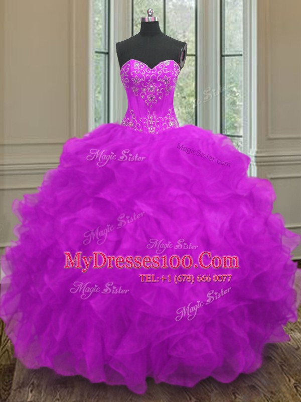 Purple Quinceanera Dresses Military Ball and Sweet 16 and Quinceanera and For with Beading and Embroidery and Ruffles Sweetheart Sleeveless Lace Up