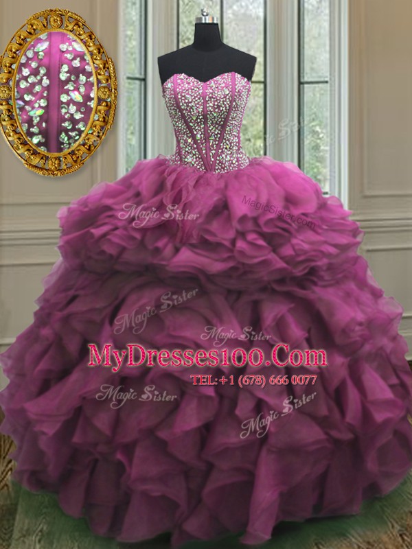 Elegant Sweetheart Sleeveless Lace Up Sweet 16 Dresses Fuchsia Organza