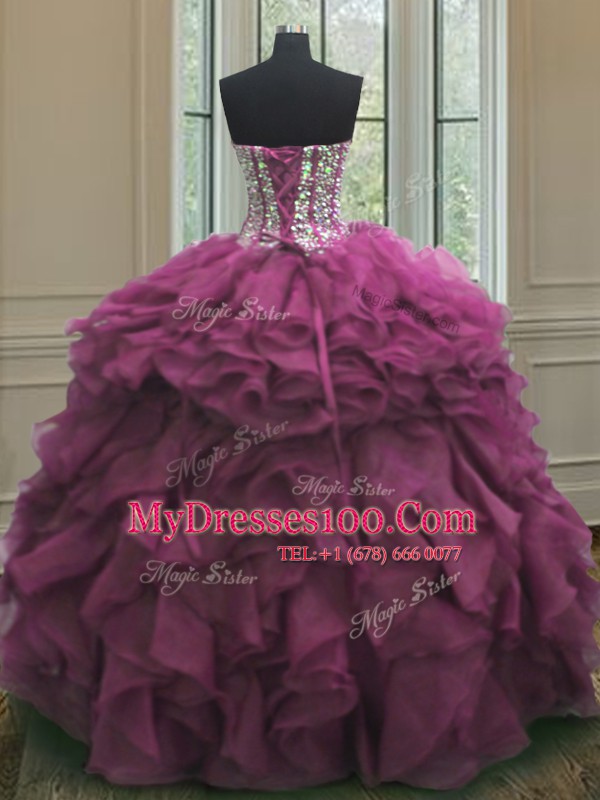 Elegant Sweetheart Sleeveless Lace Up Sweet 16 Dresses Fuchsia Organza