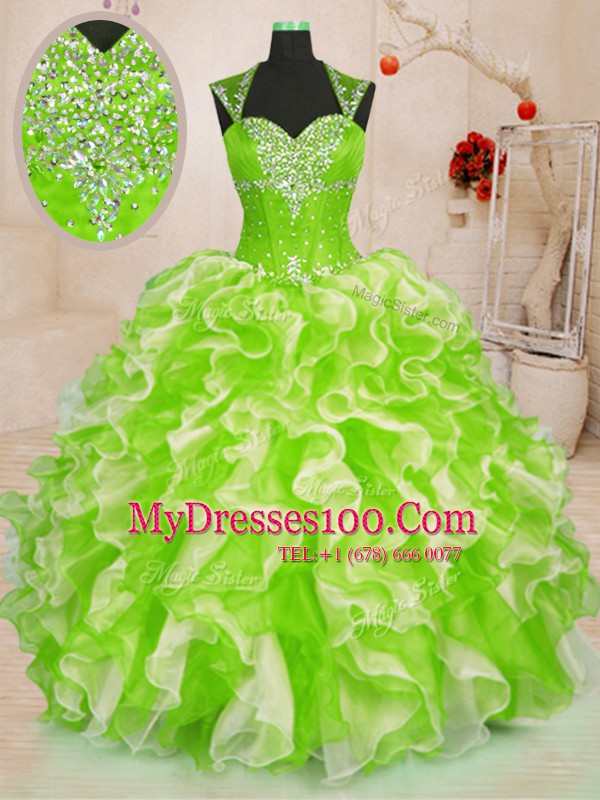 Customized Beading and Ruffles Quinceanera Dress Multi-color Lace Up Sleeveless Floor Length