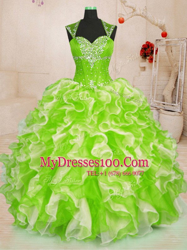 Customized Beading and Ruffles Quinceanera Dress Multi-color Lace Up Sleeveless Floor Length