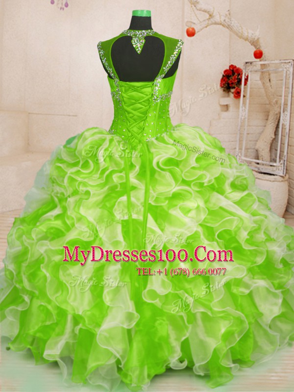Customized Beading and Ruffles Quinceanera Dress Multi-color Lace Up Sleeveless Floor Length