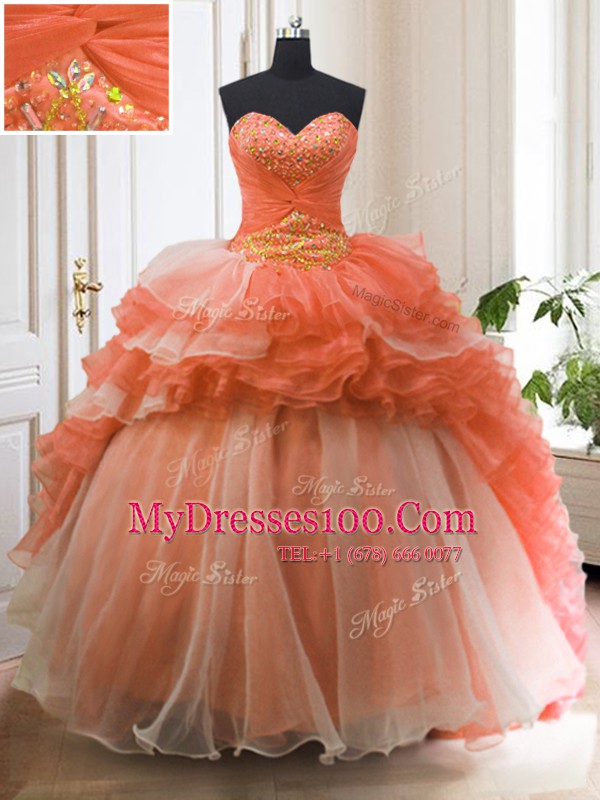 Fitting Organza Sweetheart Sleeveless Sweep Train Lace Up Beading and Ruffled Layers Quinceanera Dresses in Orange Red