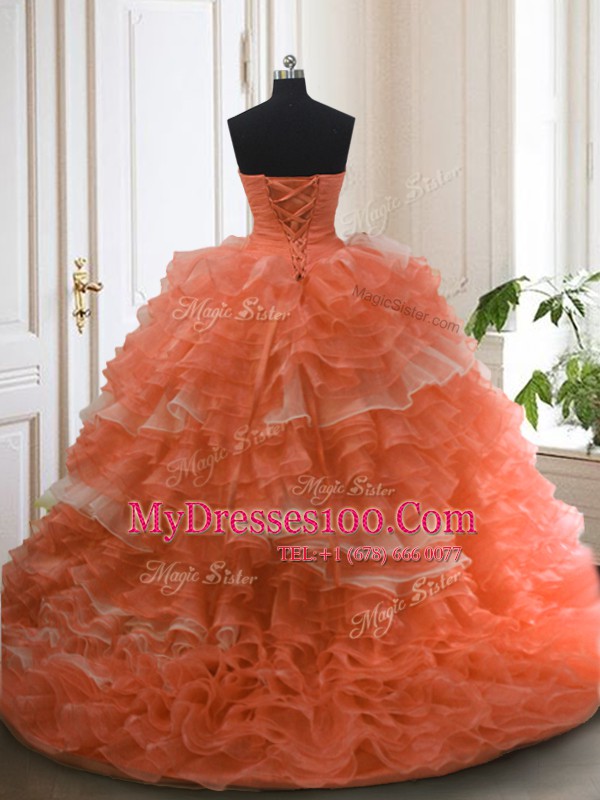 Fitting Organza Sweetheart Sleeveless Sweep Train Lace Up Beading and Ruffled Layers Quinceanera Dresses in Orange Red