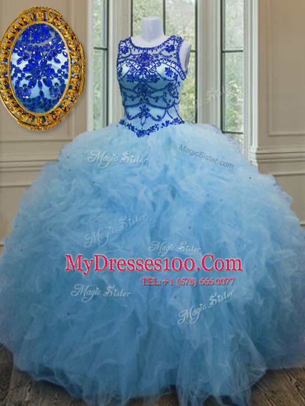 Flare Scoop Baby Blue Sleeveless Tulle Lace Up Vestidos de Quinceanera for Military Ball and Sweet 16 and Quinceanera
