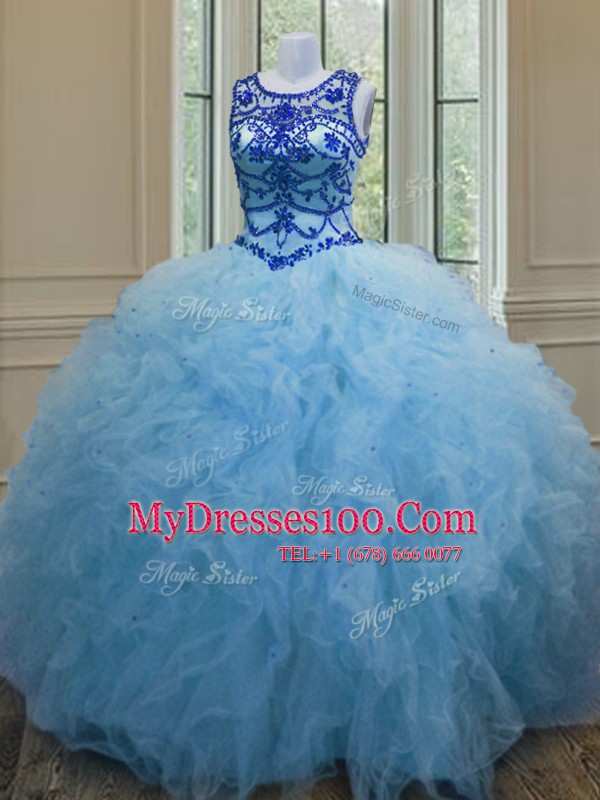 Flare Scoop Baby Blue Sleeveless Tulle Lace Up Vestidos de Quinceanera for Military Ball and Sweet 16 and Quinceanera