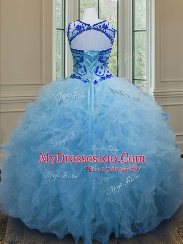 Flare Scoop Baby Blue Sleeveless Tulle Lace Up Vestidos de Quinceanera for Military Ball and Sweet 16 and Quinceanera