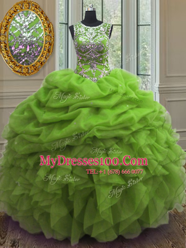 New Arrival Scoop Floor Length Lace Up 15th Birthday Dress for Military Ball and Sweet 16 and Quinceanera with Beading and Ruffles and Pick Ups