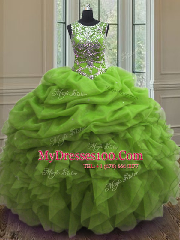 New Arrival Scoop Floor Length Lace Up 15th Birthday Dress for Military Ball and Sweet 16 and Quinceanera with Beading and Ruffles and Pick Ups