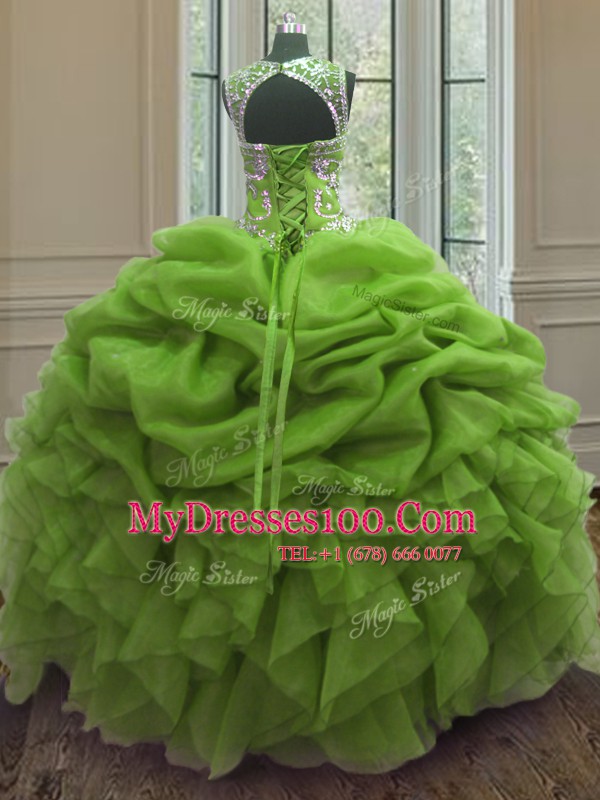 New Arrival Scoop Floor Length Lace Up 15th Birthday Dress for Military Ball and Sweet 16 and Quinceanera with Beading and Ruffles and Pick Ups
