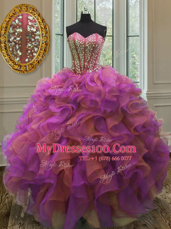 Sleeveless Beading and Ruffles Lace Up Quince Ball Gowns