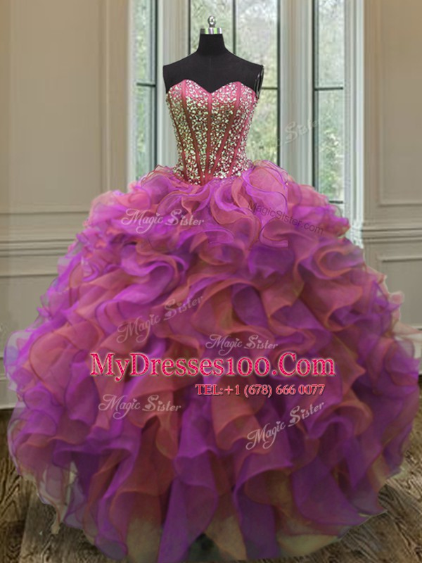 Sleeveless Beading and Ruffles Lace Up Quince Ball Gowns