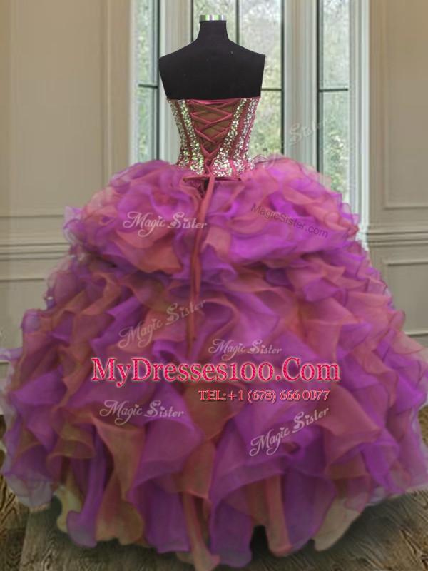 Sleeveless Beading and Ruffles Lace Up Quince Ball Gowns