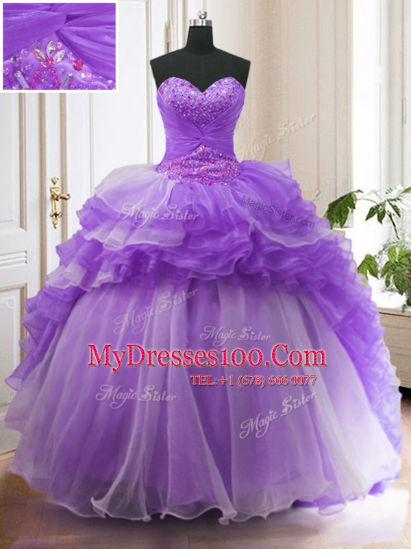 Lavender Ball Gowns Beading and Ruffled Layers Sweet 16 Quinceanera Dress Lace Up Organza Sleeveless With Train