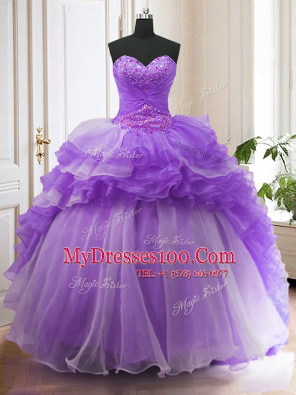Lavender Ball Gowns Beading and Ruffled Layers Sweet 16 Quinceanera Dress Lace Up Organza Sleeveless With Train