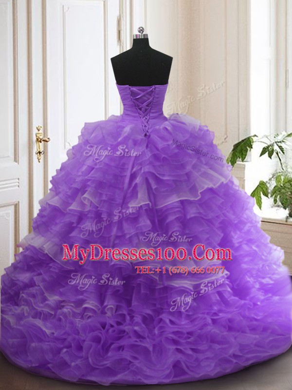 Lavender Ball Gowns Beading and Ruffled Layers Sweet 16 Quinceanera Dress Lace Up Organza Sleeveless With Train