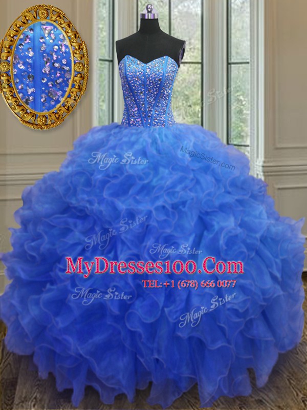 Organza Sweetheart Sleeveless Lace Up Beading and Ruffles 15 Quinceanera Dress in Blue
