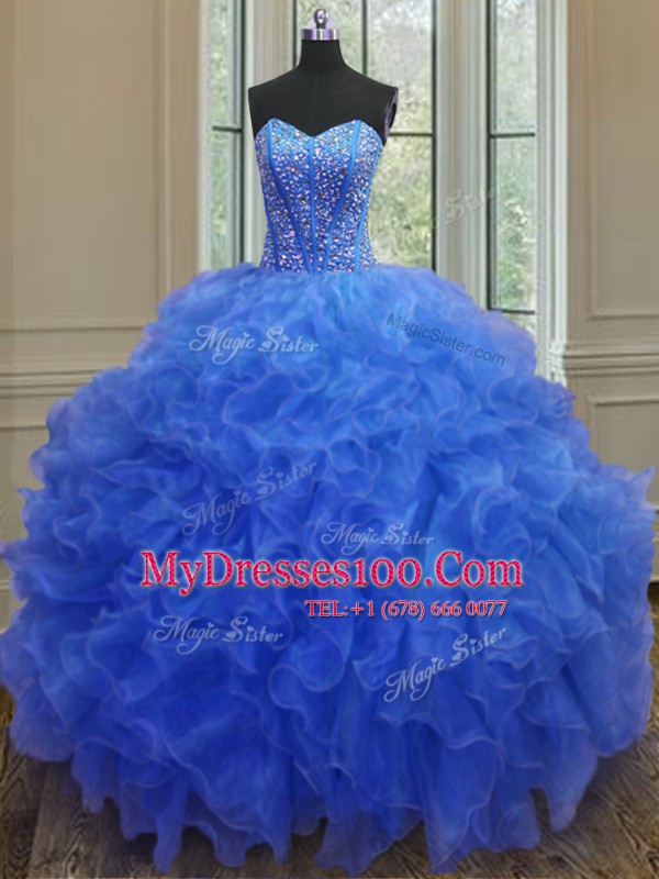 Organza Sweetheart Sleeveless Lace Up Beading and Ruffles 15 Quinceanera Dress in Blue