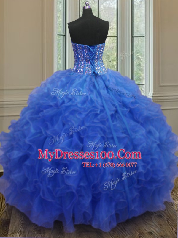 Organza Sweetheart Sleeveless Lace Up Beading and Ruffles 15 Quinceanera Dress in Blue