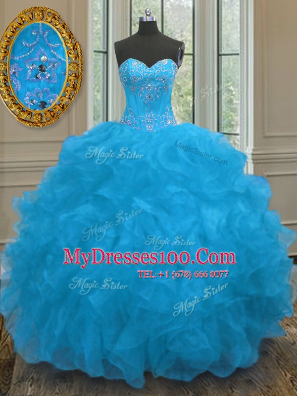 Eye-catching Sweetheart Sleeveless Organza Sweet 16 Dresses Beading and Ruffles Lace Up