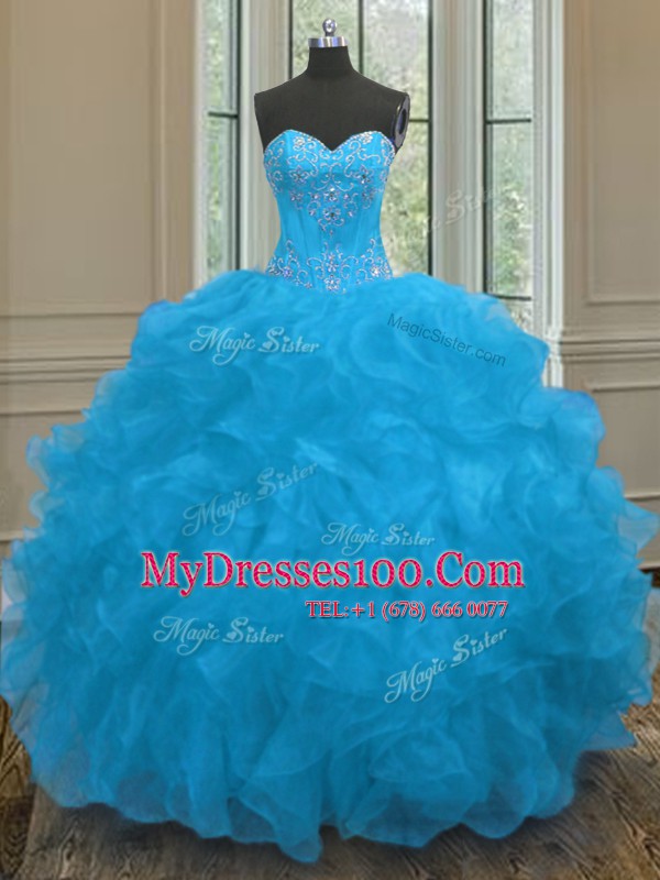 Eye-catching Sweetheart Sleeveless Organza Sweet 16 Dresses Beading and Ruffles Lace Up