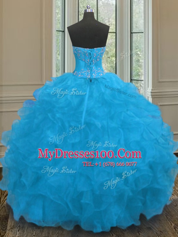 Eye-catching Sweetheart Sleeveless Organza Sweet 16 Dresses Beading and Ruffles Lace Up
