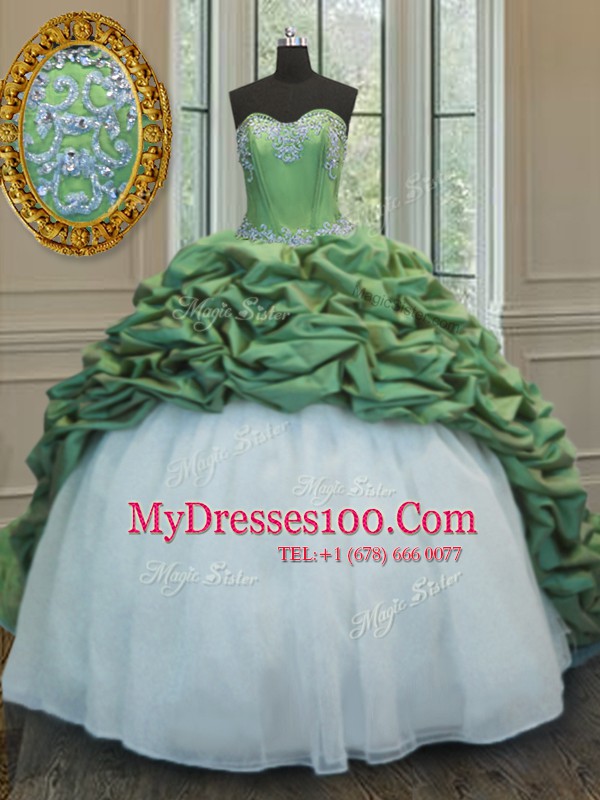 Fashionable Green Organza and Taffeta Lace Up Quinceanera Dress Sleeveless With Train Sweep Train Beading and Appliques and Pick Ups