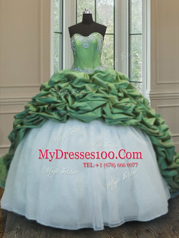 Fashionable Green Organza and Taffeta Lace Up Quinceanera Dress Sleeveless With Train Sweep Train Beading and Appliques and Pick Ups
