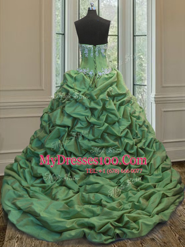 Fashionable Green Organza and Taffeta Lace Up Quinceanera Dress Sleeveless With Train Sweep Train Beading and Appliques and Pick Ups