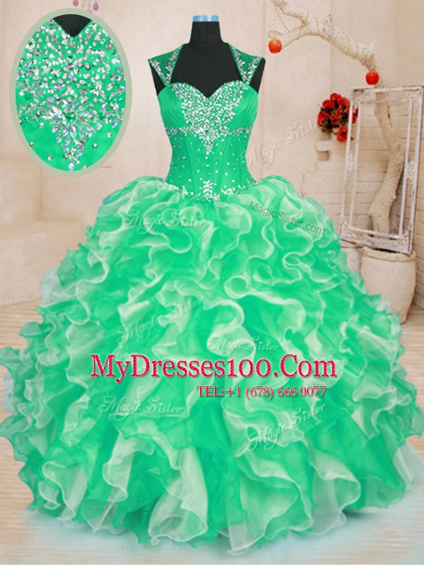 Modern Green Lace Up Vestidos de Quinceanera Beading and Ruffles Sleeveless Floor Length