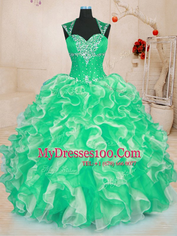 Modern Green Lace Up Vestidos de Quinceanera Beading and Ruffles Sleeveless Floor Length